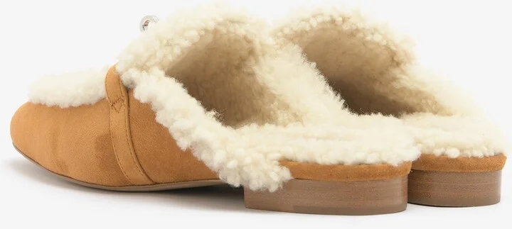 Oz Flat Mules in Naturel Suede and Ecru Shearling with Palladium Kelly Buckle - Image 2