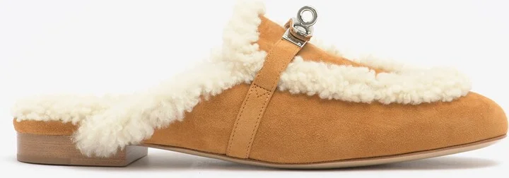 Oz Flat Mules in Naturel Suede and Ecru Shearling with Palladium Kelly Buckle