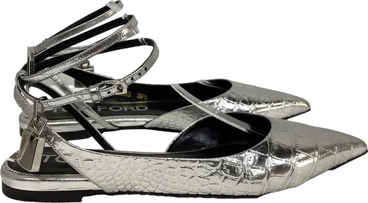 Padlock Croc-Embossed Ballet Flats in Silver Leather