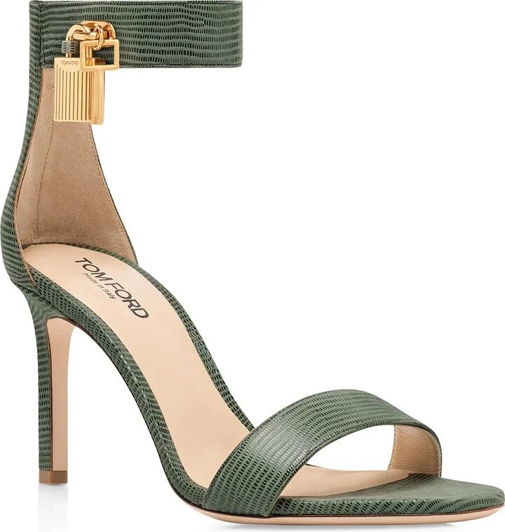 Padlock Lizard Embossed Ankle Strap Sandal