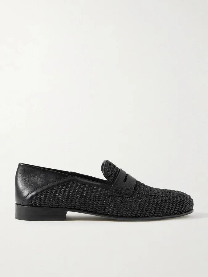 Padstow Collapsible-Heel Leather-Trimmed Raffia Loafers