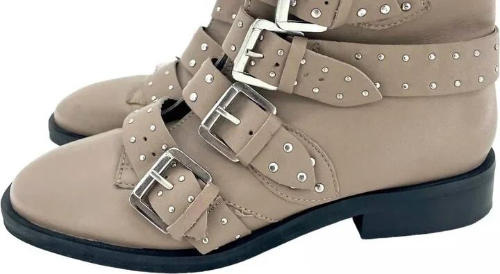 Paige Nude Leather Studded Buckle Straps Ankle Boots In Beige