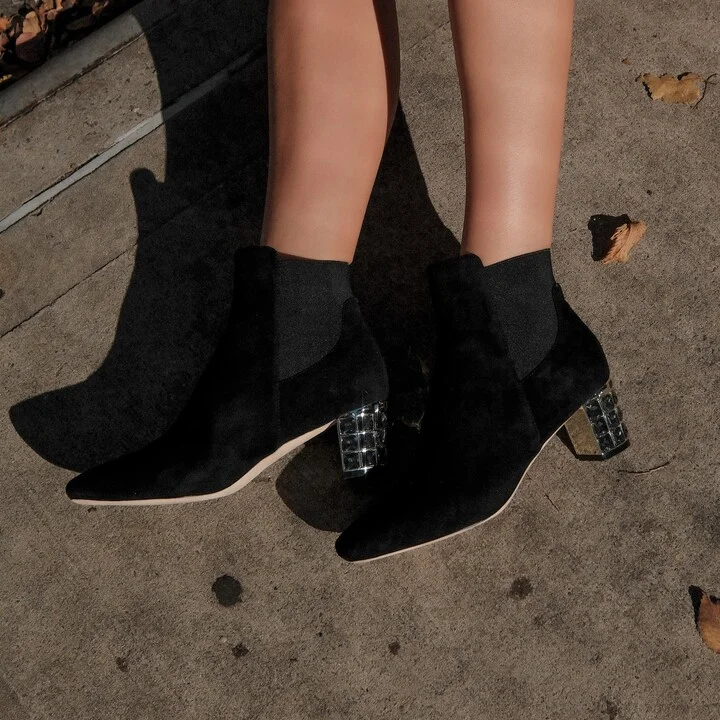 Paley Black Suede Work Evening Chunky Rhinestone Block Heel Ankle Boot - Image 2