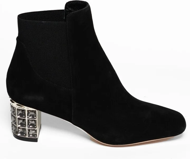 Paley Black Suede Work Evening Chunky Rhinestone Block Heel Ankle Boot - Image 4