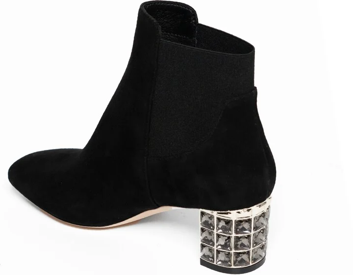 Paley Black Suede Work Evening Chunky Rhinestone Block Heel Ankle Boot - Image 6
