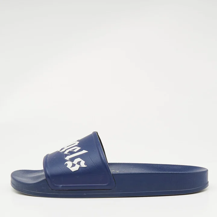 Palm Angels Blue Leather Logo Flat Slides Size 45
