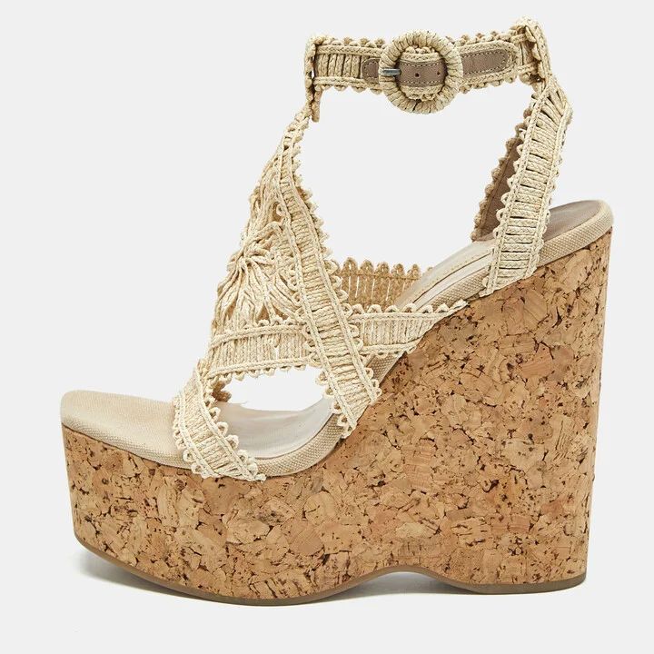 Paloma Barceló Beige Raffia Cork Platform Wedge Sandals Size 41