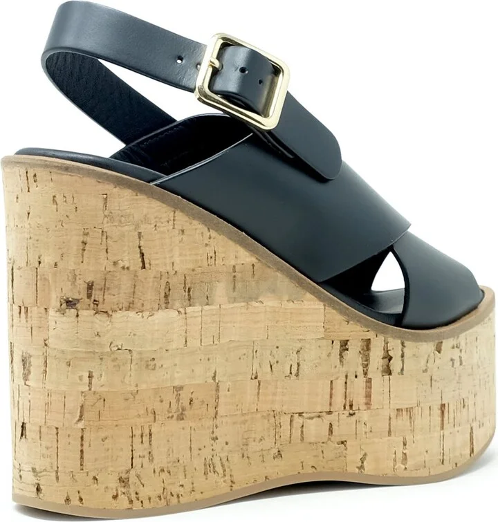 Paloma Barcelo Black Leather Begonia Wedge Sandals - Image 3