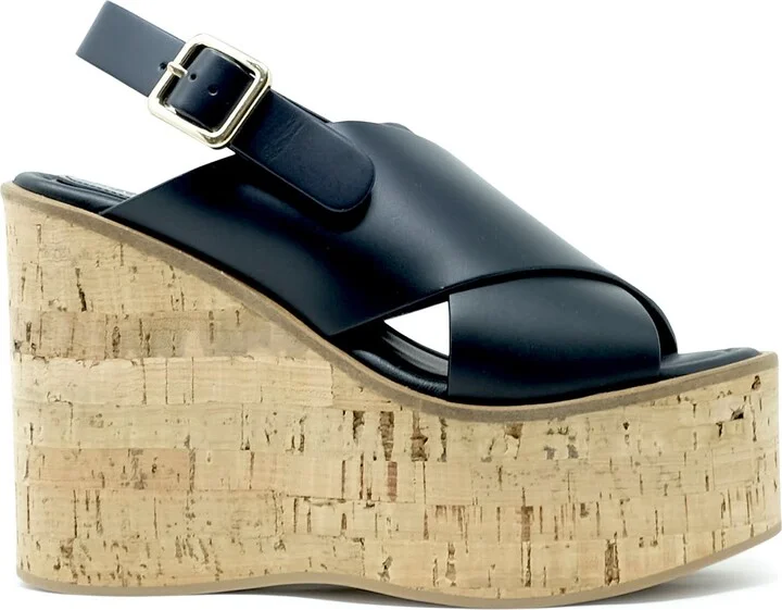 Paloma Barcelo Black Leather Begonia Wedge Sandals