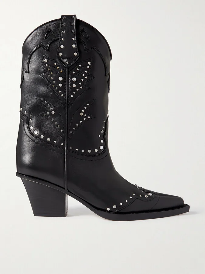 Paris Texas - American Flame Embroidered Embellished Leather Cowboy Boots - Black