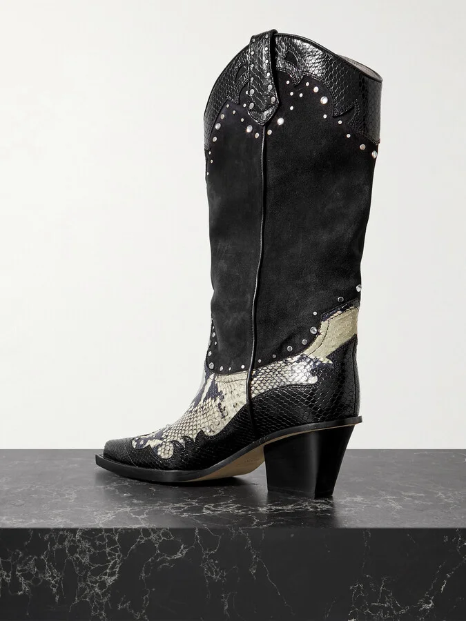 Paris Texas - American Flame Snake-effect Leather Embellished Suede Cowboy Boots - Black - Image 3