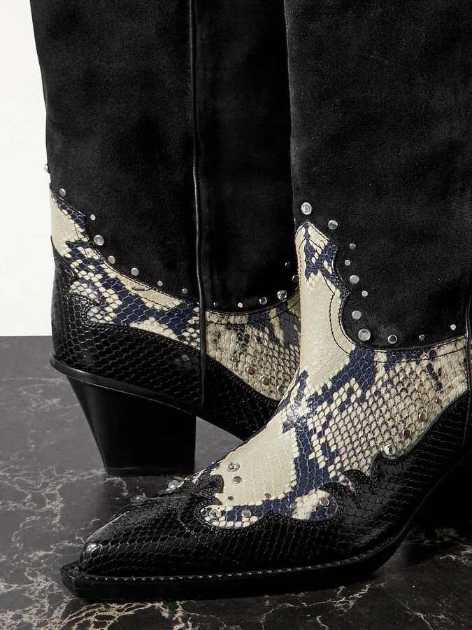 Paris Texas - American Flame Snake-effect Leather Embellished Suede Cowboy Boots - Black - Image 4