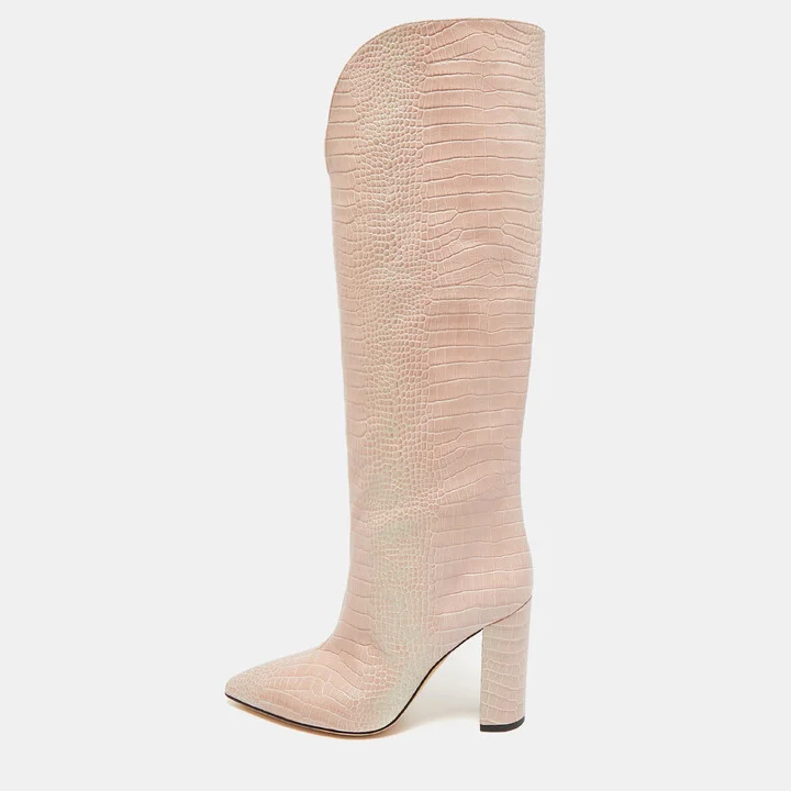 Paris Texas Cream Croc Embossed Leather Knee Length Boots Size 39