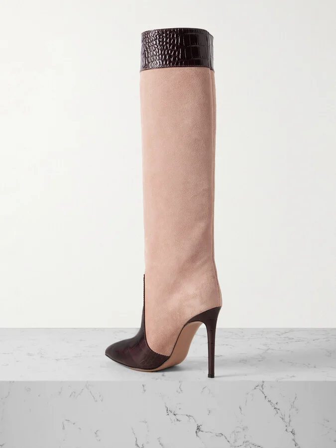 Paris Texas - Croc-effect Leather-trimmed Suede Knee-high Boots - Pink - Image 3