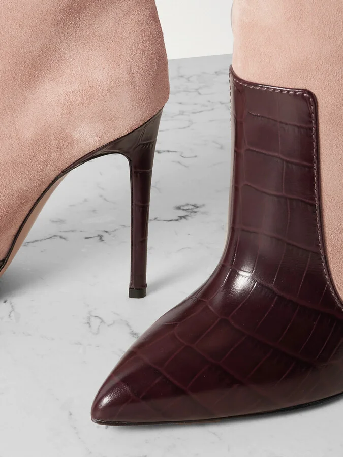 Paris Texas - Croc-effect Leather-trimmed Suede Knee-high Boots - Pink - Image 4