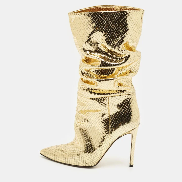 Paris Texas Gold Croc Embossed Leather Slouchy Mid Calf Boots Size 39
