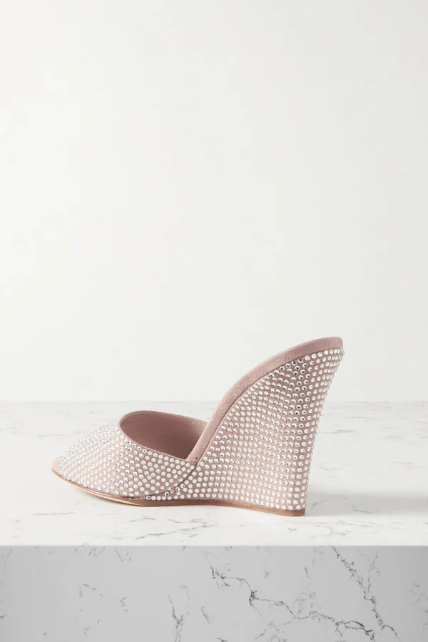 Paris Texas - Holly Wanda Crystal-embellished Suede Wedge Mules - Neutrals - Image 3