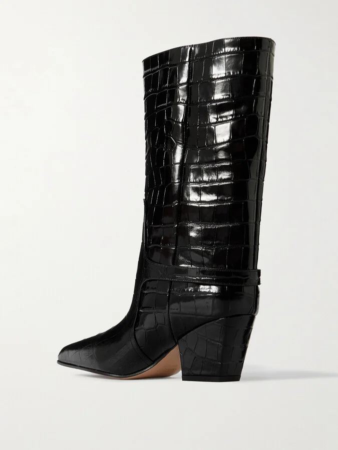 Paris Texas - Jane Buckled Croc-effect Glossed-leather Knee Boots - Black - Image 3