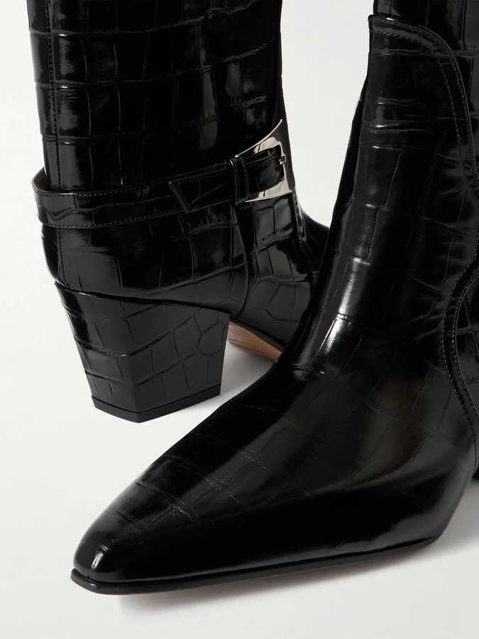 Paris Texas - Jane Buckled Croc-effect Glossed-leather Knee Boots - Black - Image 4