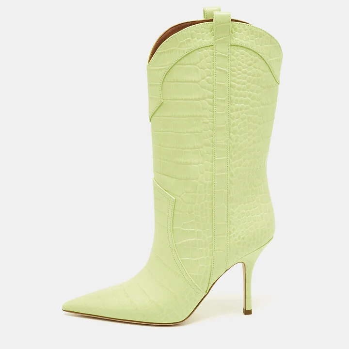 Paris Texas Lime Green Croc Embossed Leather Paloma Mid Calf Boots Size 38