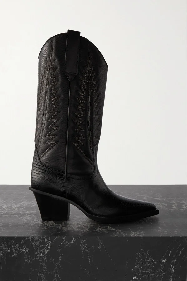 Paris Texas - Rosario Embroidered Textured And Croc-effect Leather Cowboy Boots - Black