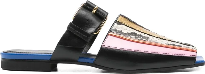 Patch buckle-detail patchwork mules