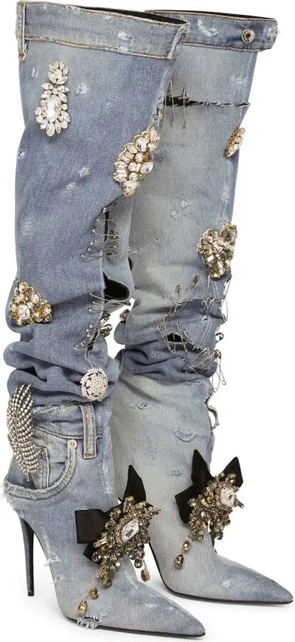 Patchwork-Denim Knee-High Boots - Image 2