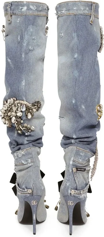 Patchwork-Denim Knee-High Boots - Image 3