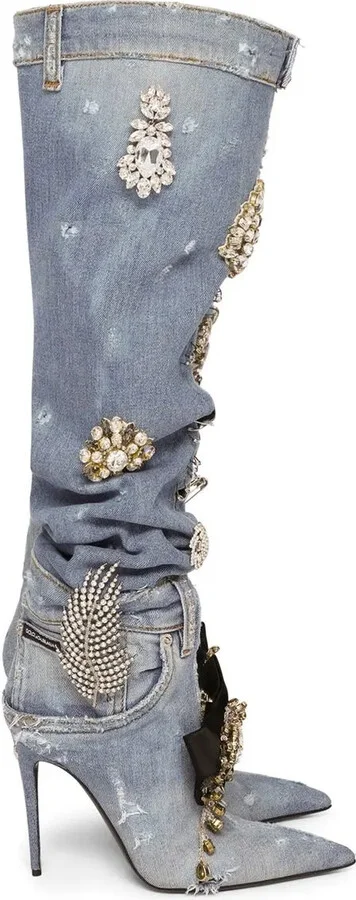 Patchwork-Denim Knee-High Boots