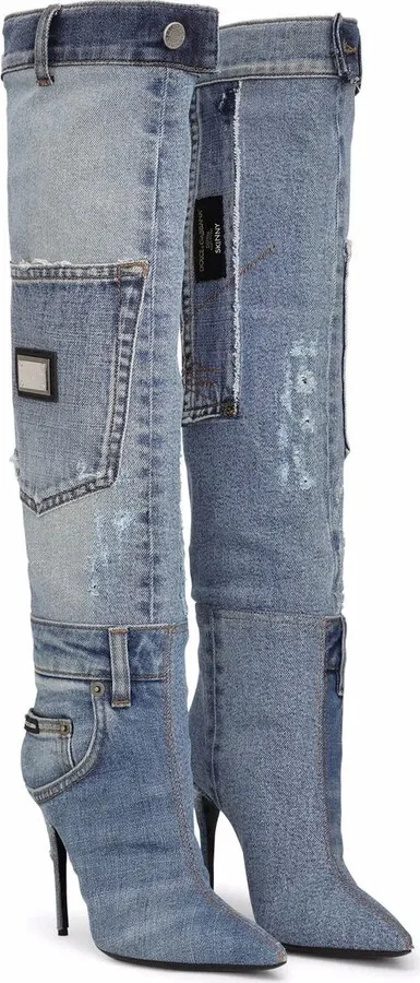 Patchwork-Denim Knee-Length Boots - Image 2