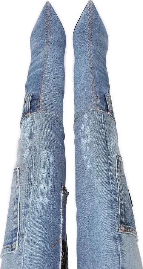 Patchwork-Denim Knee-Length Boots - Image 4
