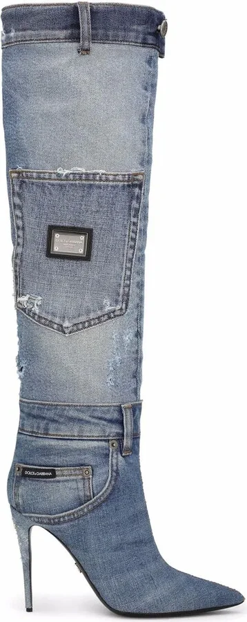 Patchwork-Denim Knee-Length Boots
