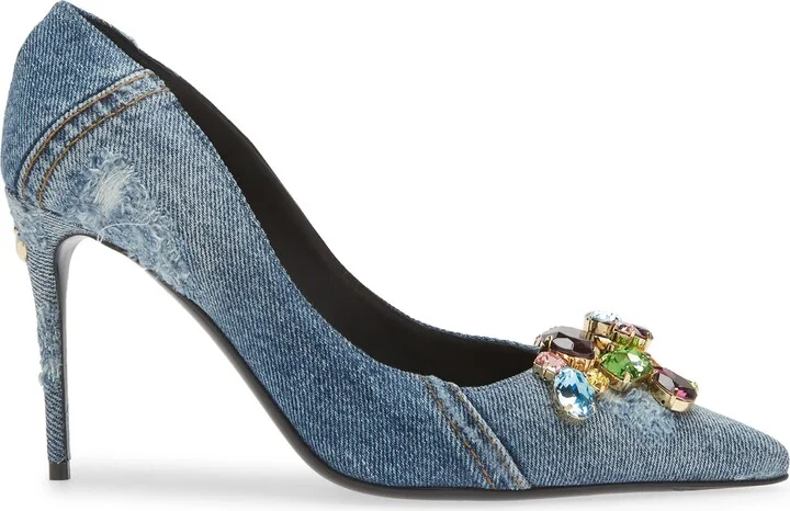 Patchwork Denim Pointed Toe Pump - Image 3