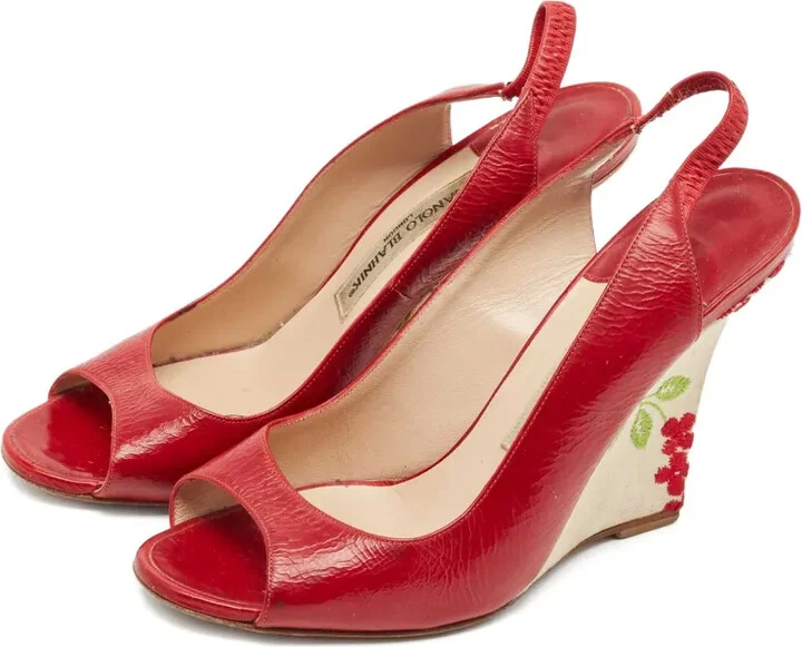 Patent Leather Floral Wedge Sandals - Image 2