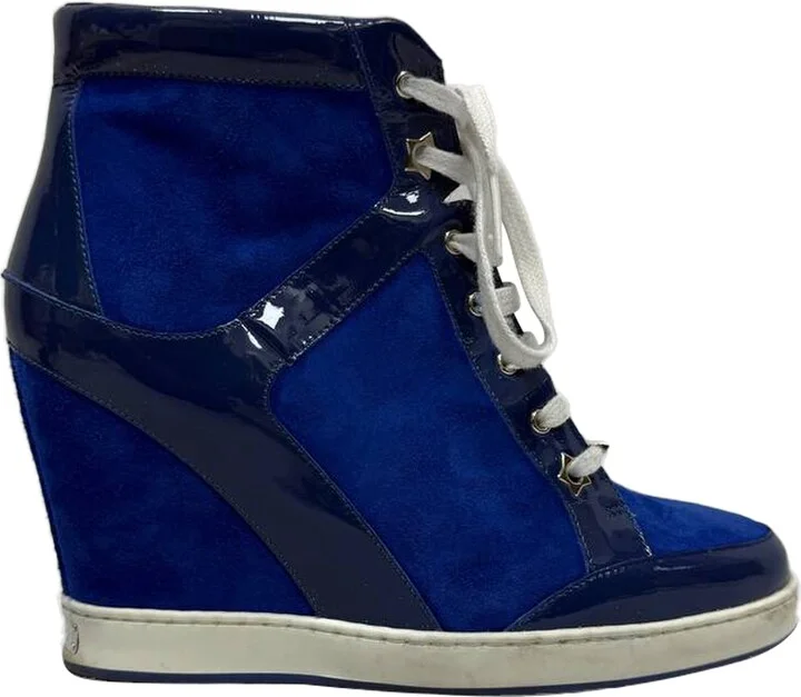 Patent Leather Panama Wedge Sneakers in Blue Suede