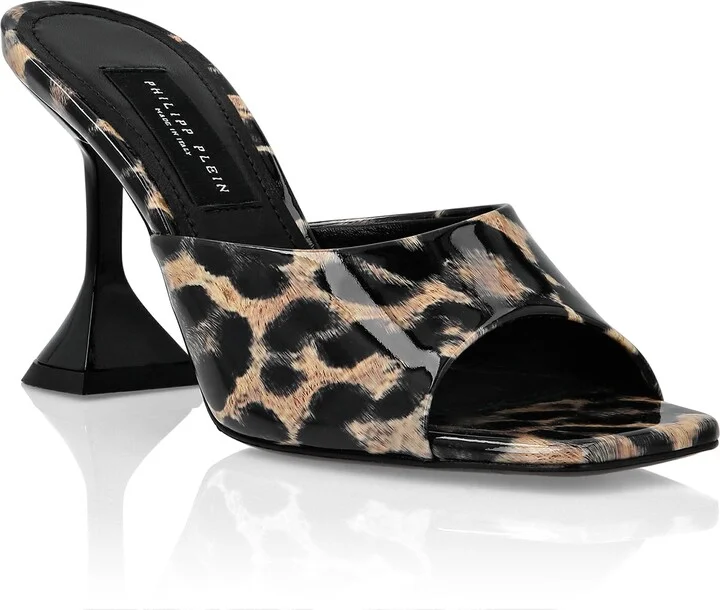 Patent Leather Sandals Mid Heels Leopard