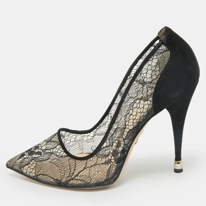 Paul Andrew Black Lace and Suede Sidai Pumps Size 38