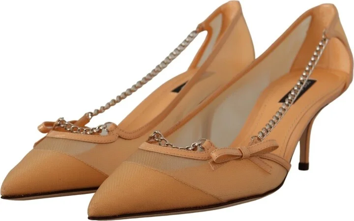 Peach Mesh Leather Chains Heels Pumps Women's Shoes - Image 2