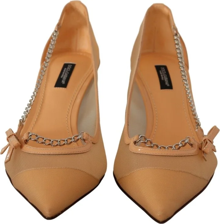 Peach Mesh Leather Chains Heels Pumps Women's Shoes - Image 3