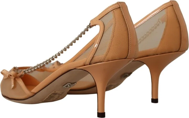 Peach Mesh Leather Chains Heels Pumps Women's Shoes - Image 4