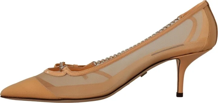 Peach Mesh Leather Chains Heels Pumps Women's Shoes - Image 5