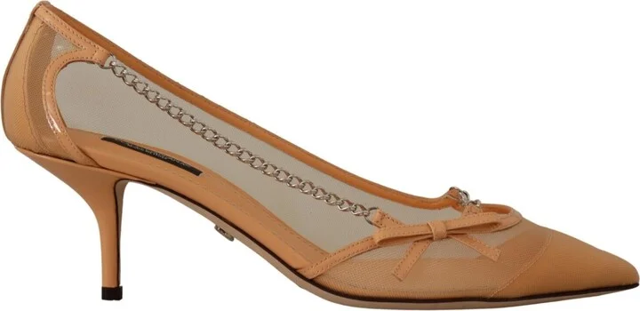 Peach Mesh Leather Chains Heels Pumps Women's Shoes