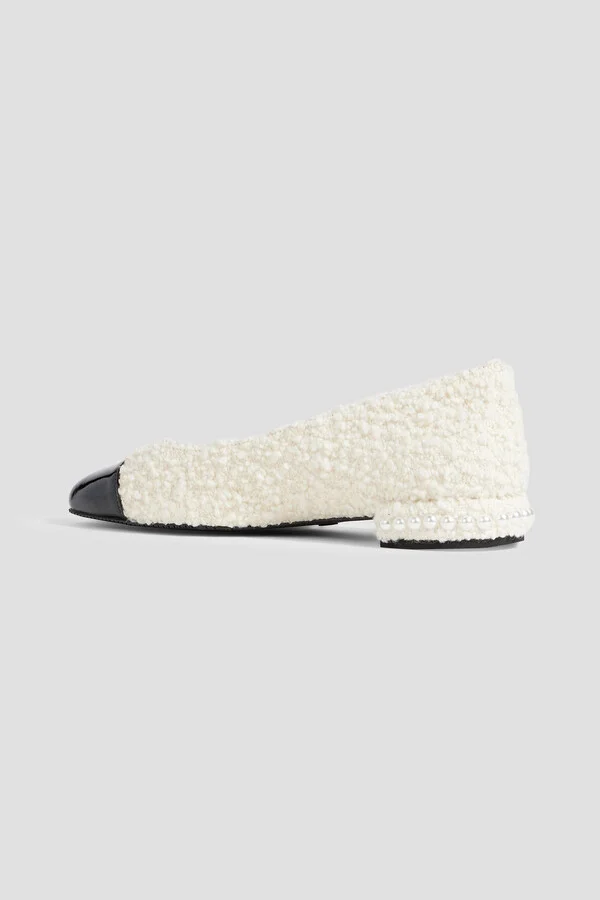 Pearl embellished bouclé-tweed and patent-leather ballet flats - Image 3