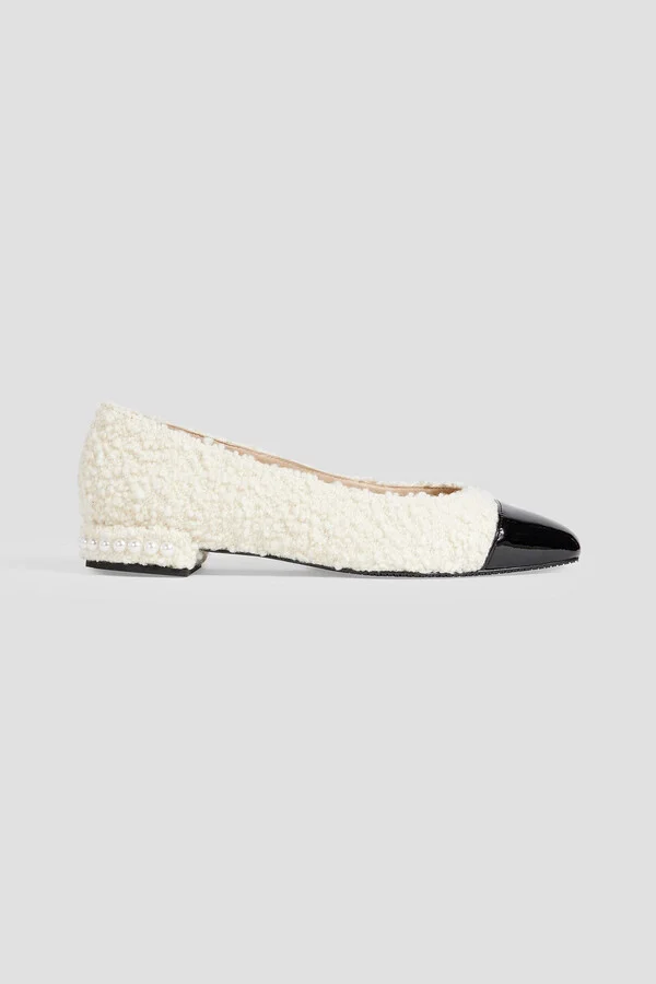 Pearl embellished bouclé-tweed and patent-leather ballet flats