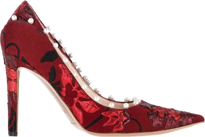 Pearl Embellished Pumps in Red Cotton