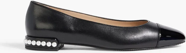 Pearl embellished smooth and patent-leather ballet flats