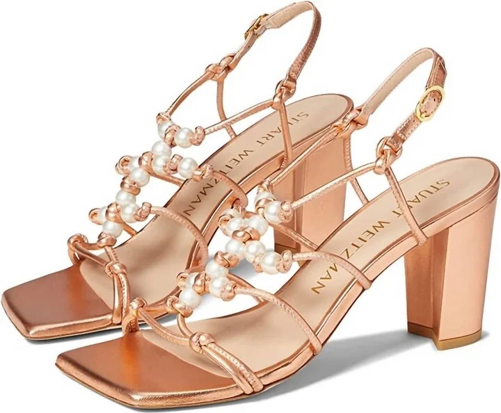 Pearl Knot 80 Block Heels In Mango Liquid Metallic