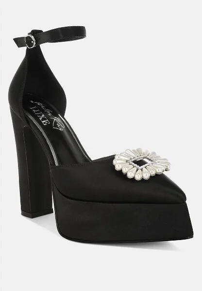 Pearls Brooch Detail Platform Block Heel Sandals Women - Image 2
