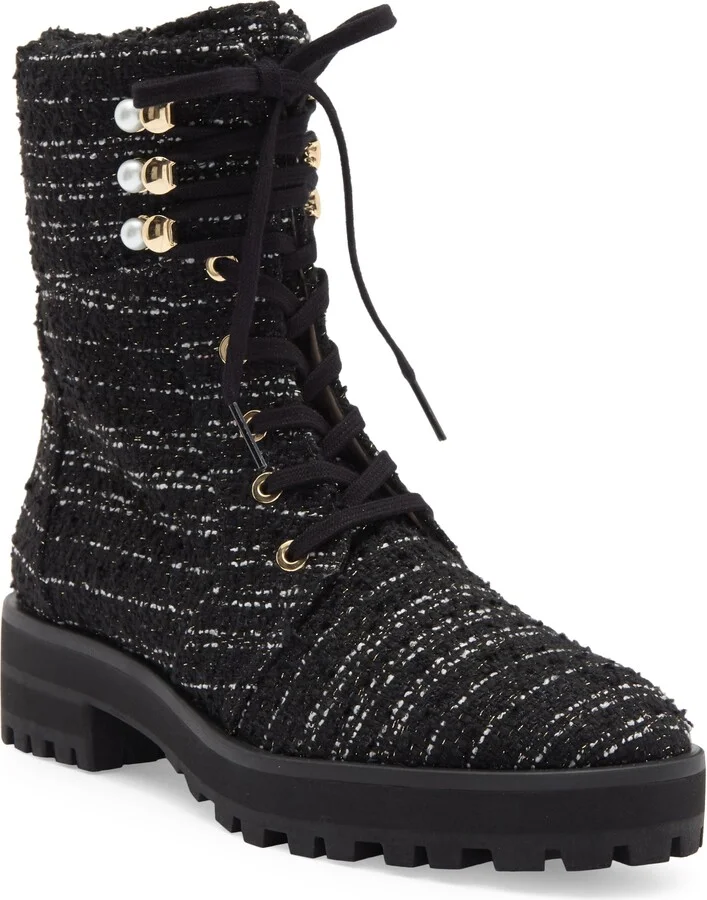 Pearly Lace-Up Lug Sole Bootie