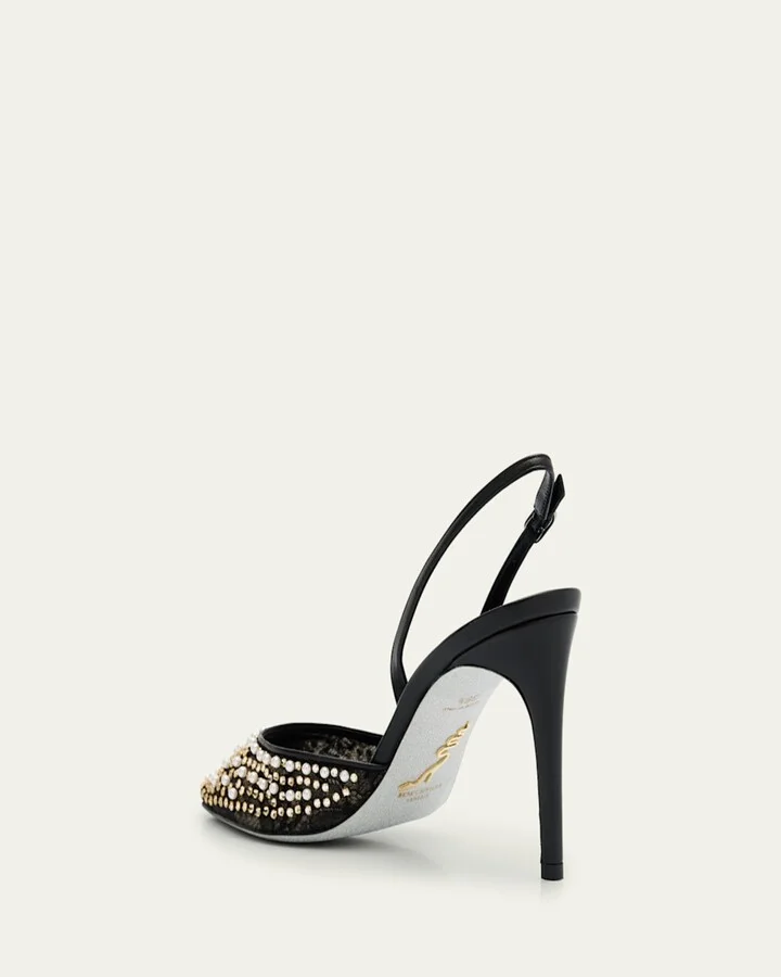 Pearly Stud Lace Slingback Pumps - Image 3